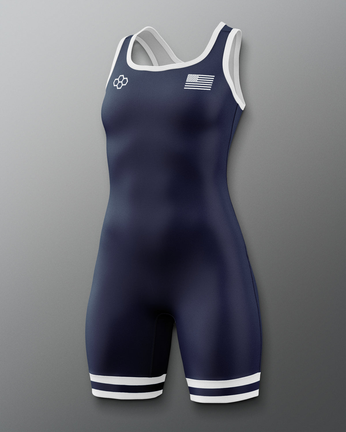 Navy and White wrestling singlet on a gray background