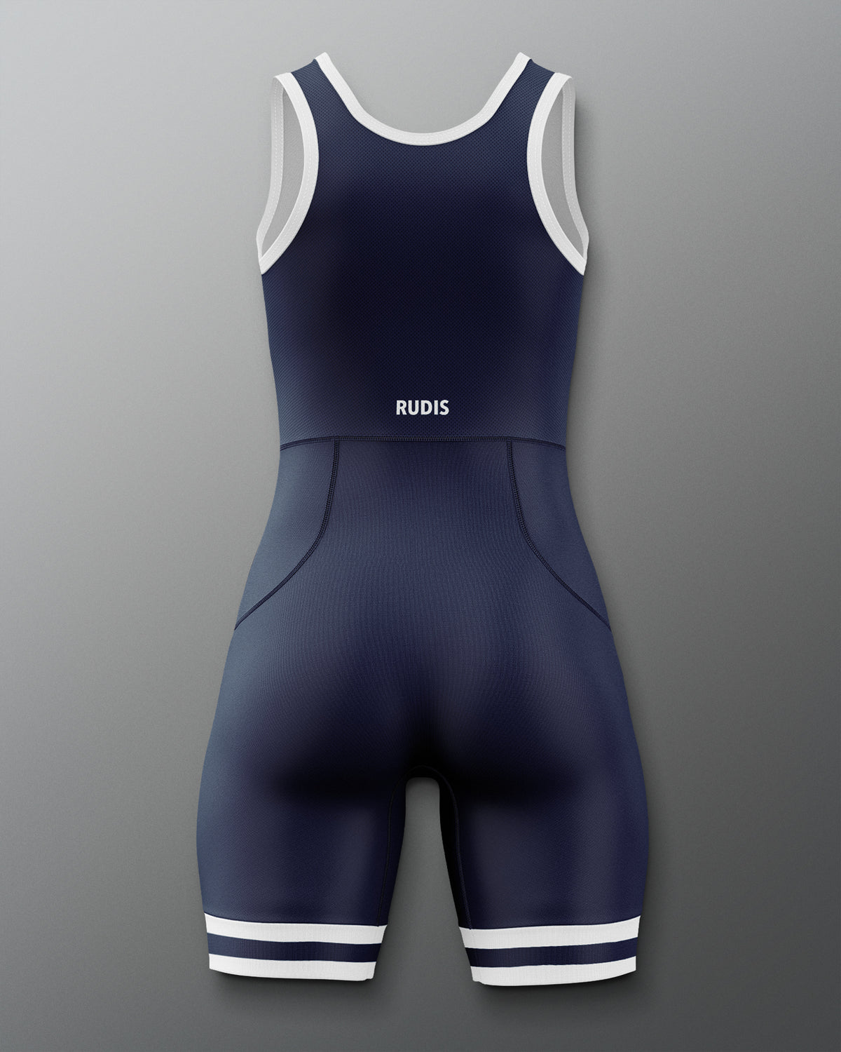 Navy and White wrestling singlet on a gray background