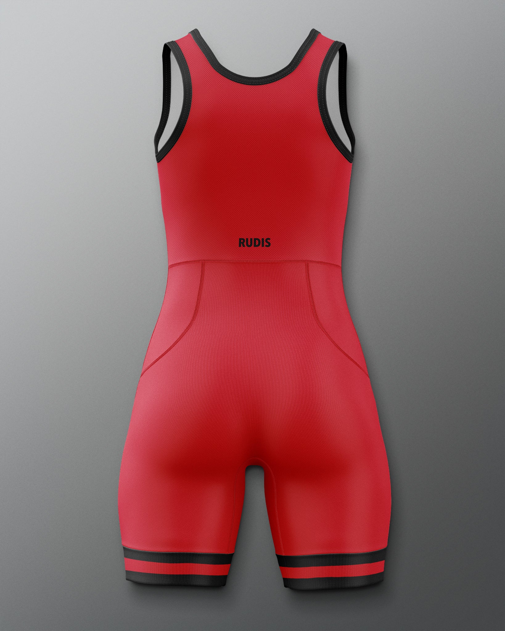 Red and Black wrestling singlet on a gray background