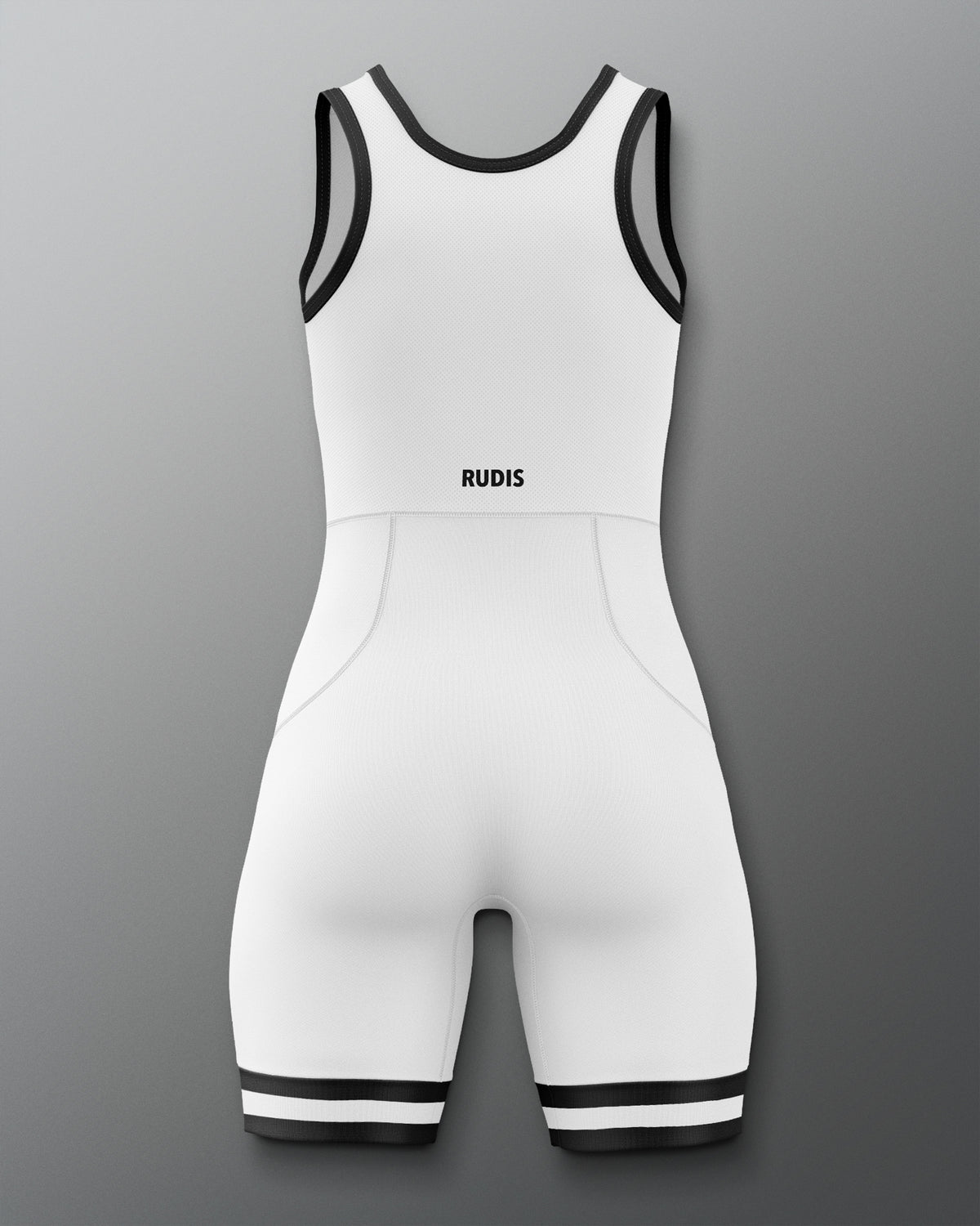 White and Black wrestling singlet on a gray background