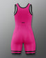 Pink wrestling singlet with black accents on a gray background
