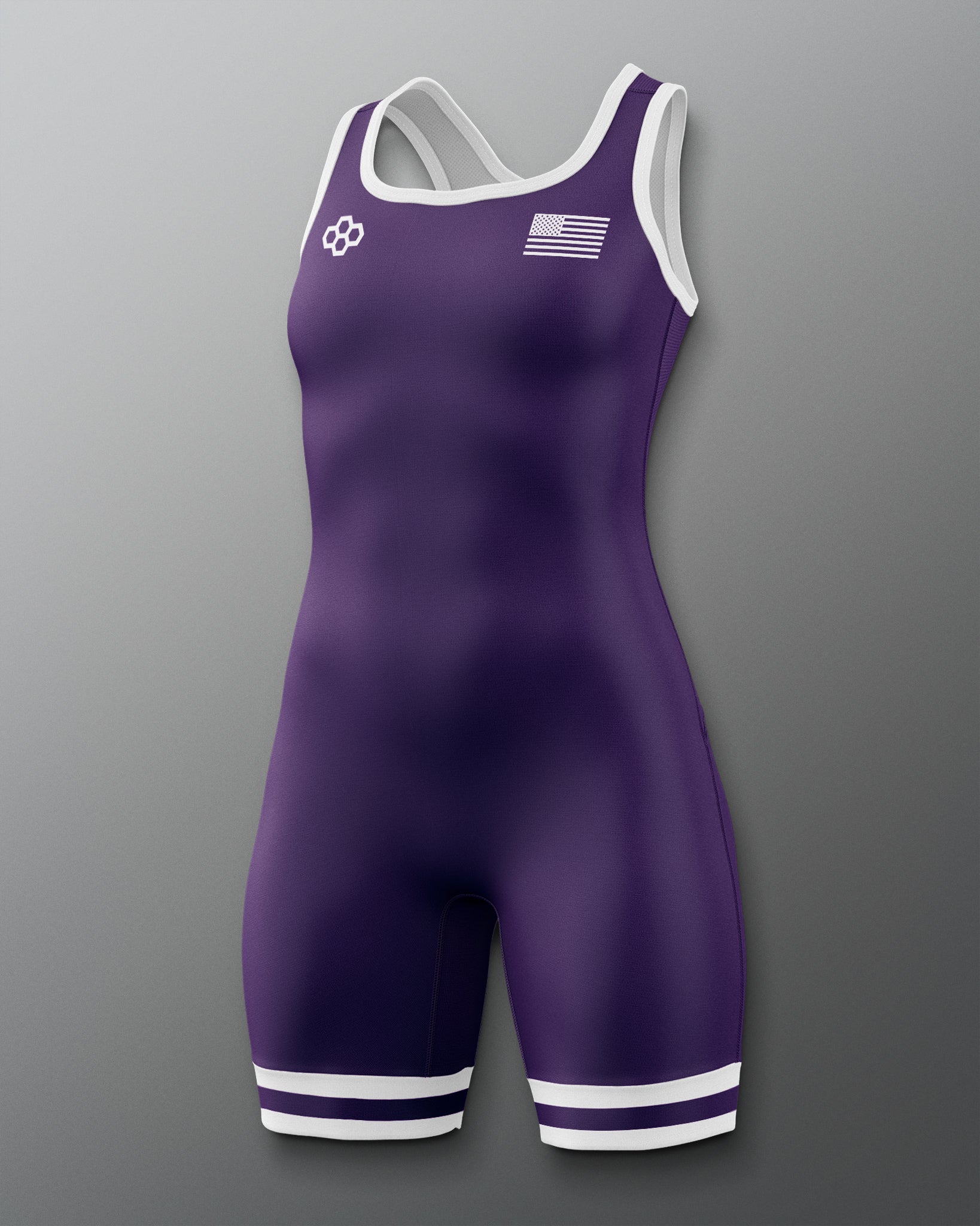 Purple and White wrestling singlet on a gray background