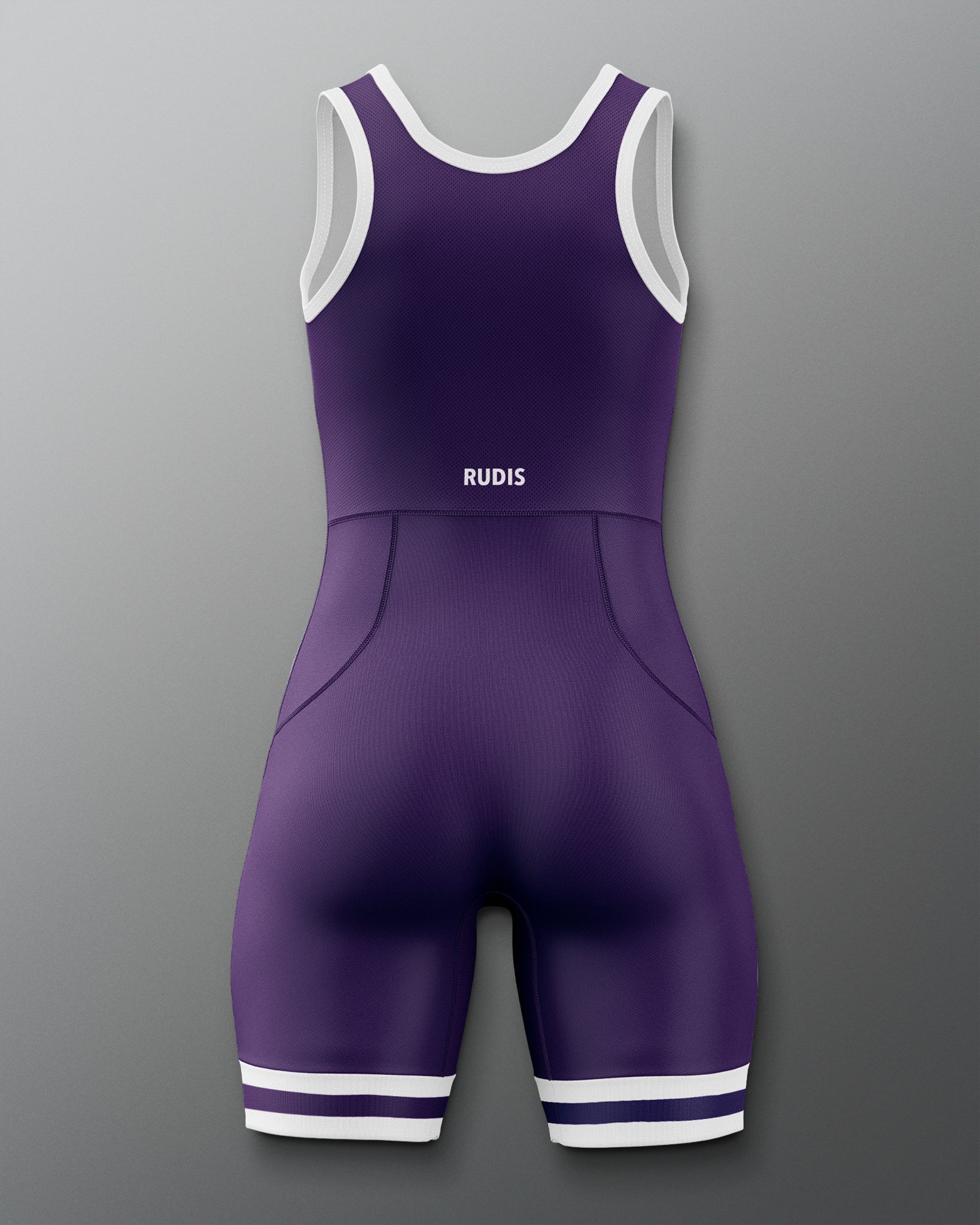 Purple and White wrestling singlet on a gray background