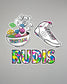 Colorful wrestling-themed stickers with text on a gray background