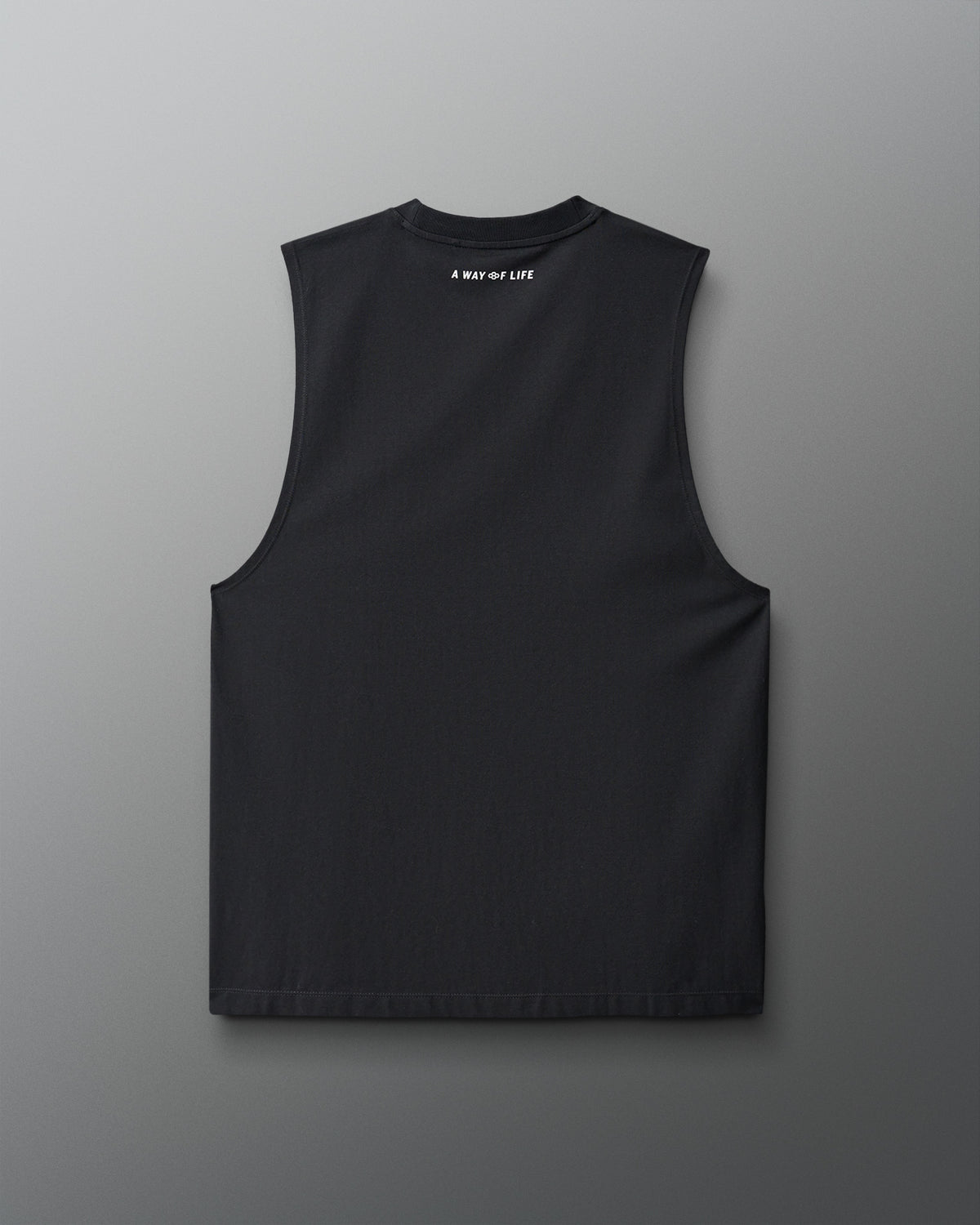 Black sleeveless shirt with text on a gray background