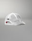Rear angled view of the RUDIS Bridge Trucker Hat in White, showcasing breathable white mesh panels, an adjustable snapback closure and embroidered black RUDIS emblem.