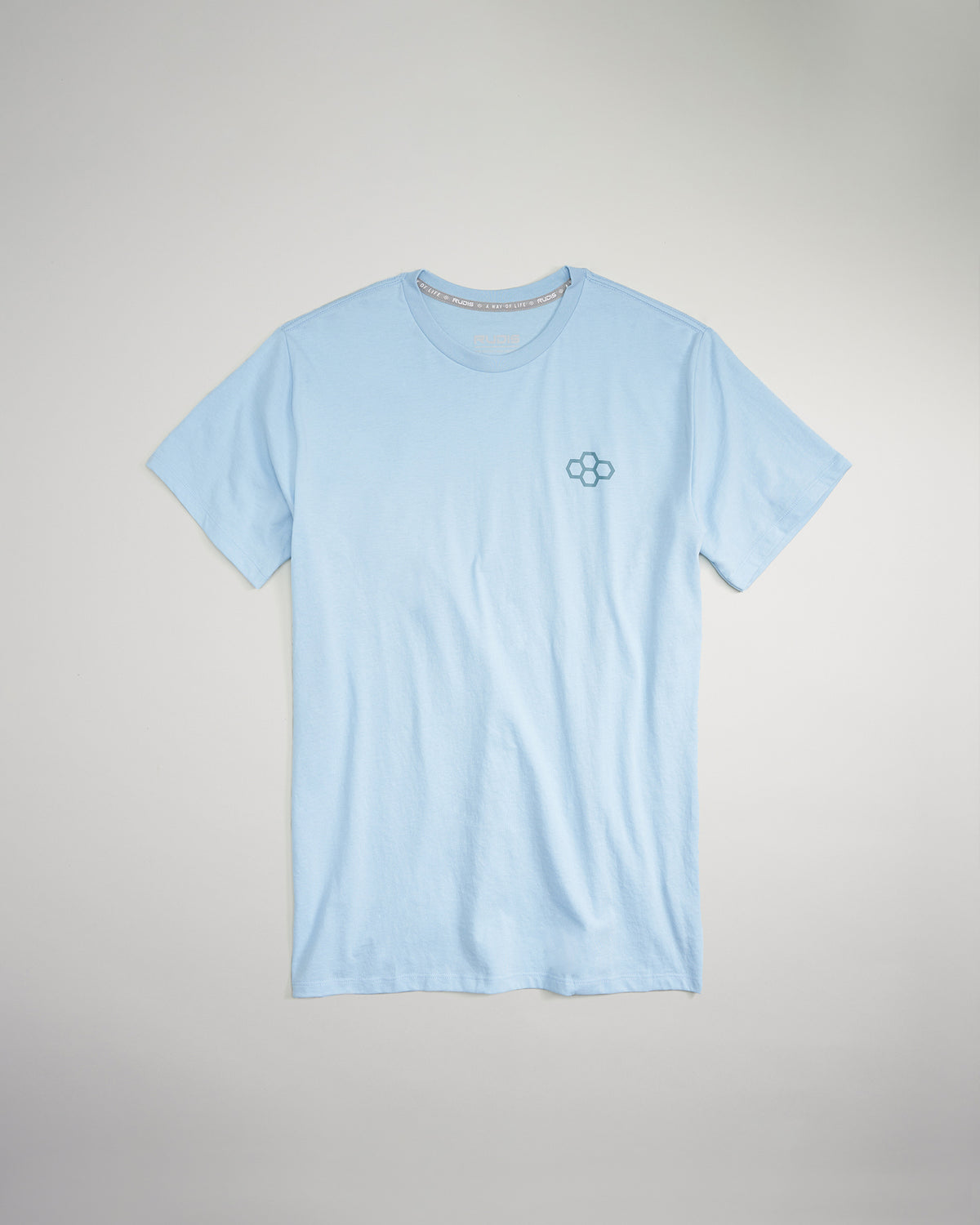 A light blue t-shirt featuring a subtle logo on the chest and a simple modern design suitable for casual wear