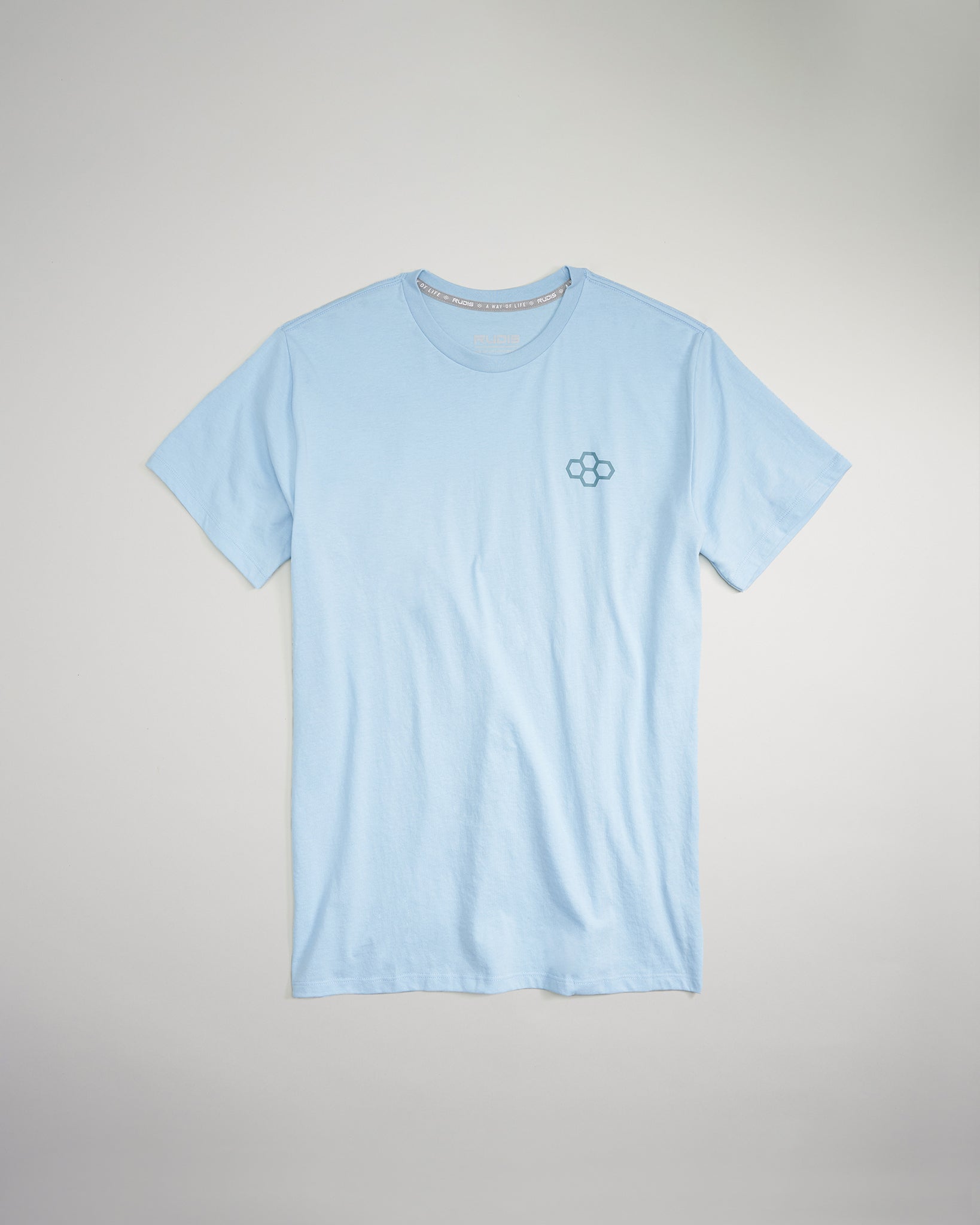A light blue t-shirt featuring a subtle logo on the chest and a simple modern design suitable for casual wear
