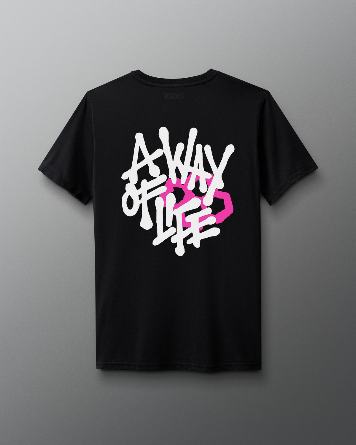 Back view of a black T-shirt featuring large stylized white text that reads ‘A Way of Life’ with a bold pink hexagon design integrated into the graphic