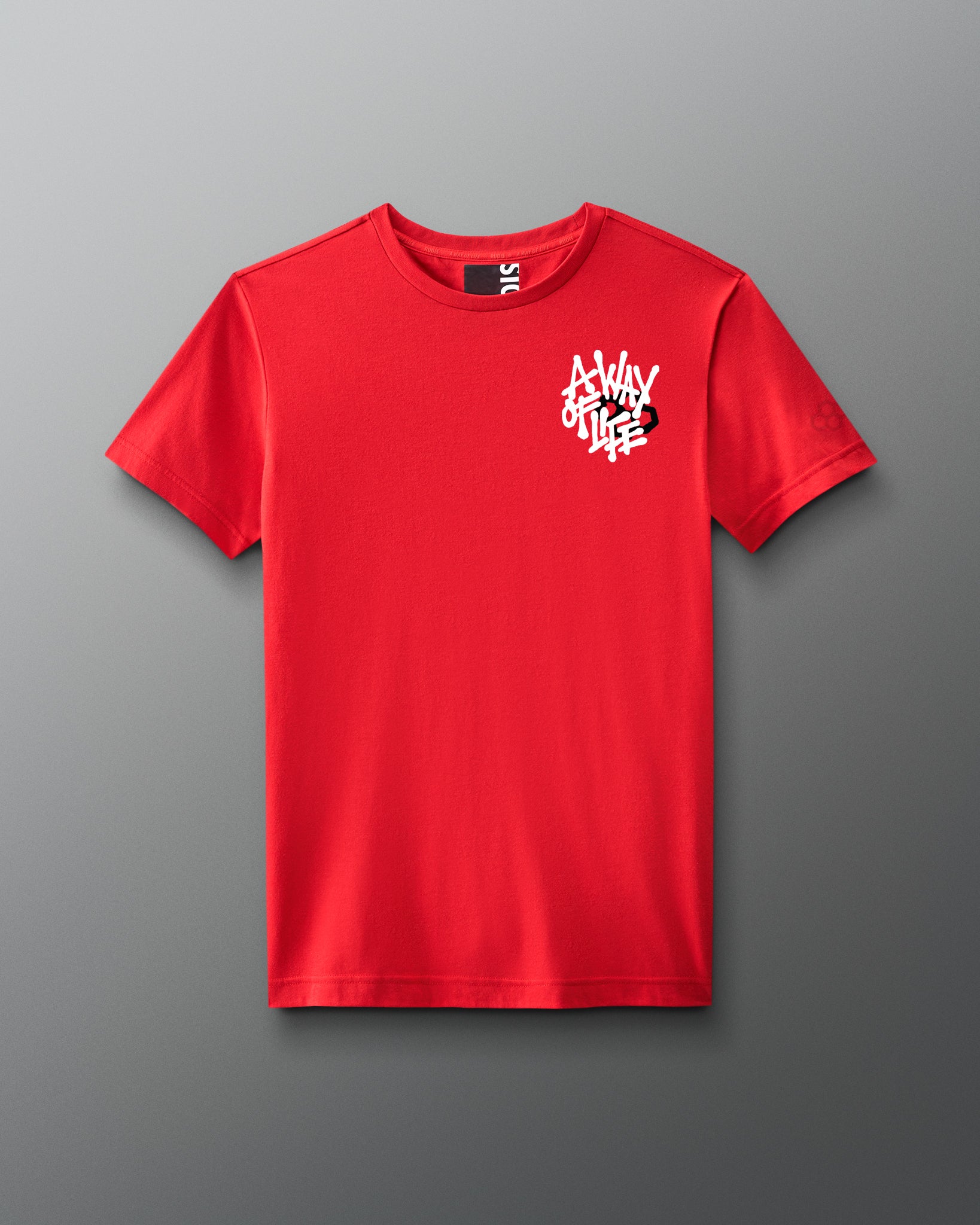 Front view of a red T-shirt with a small white and pink graphic on the left chest that reads ‘A Way of Life’ in stylized overlapping text.