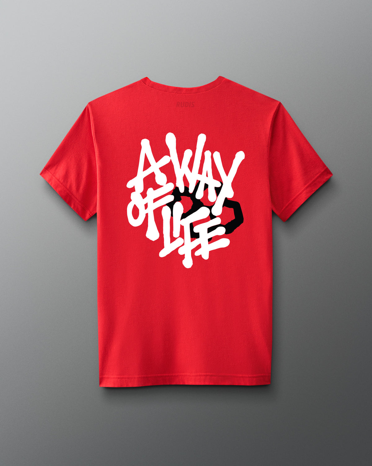 Back view of a red T-shirt featuring large stylized white text that reads ‘A Way of Life’ with a black hexagon design integrated into the graphic
