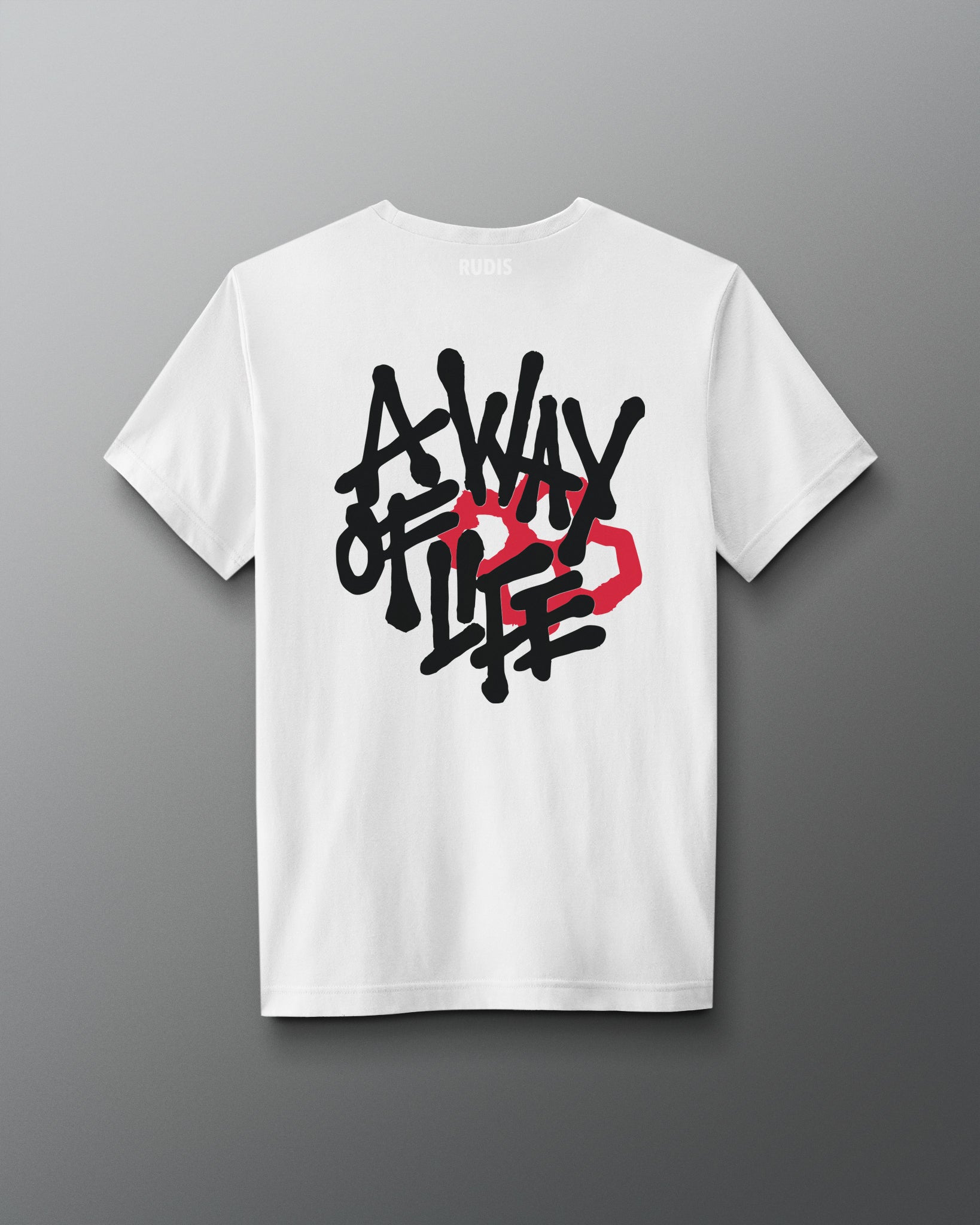 Back view of a white T-shirt featuring large stylized white text that reads ‘A Way of Life’ with a bold red hexagon design integrated into the graphic