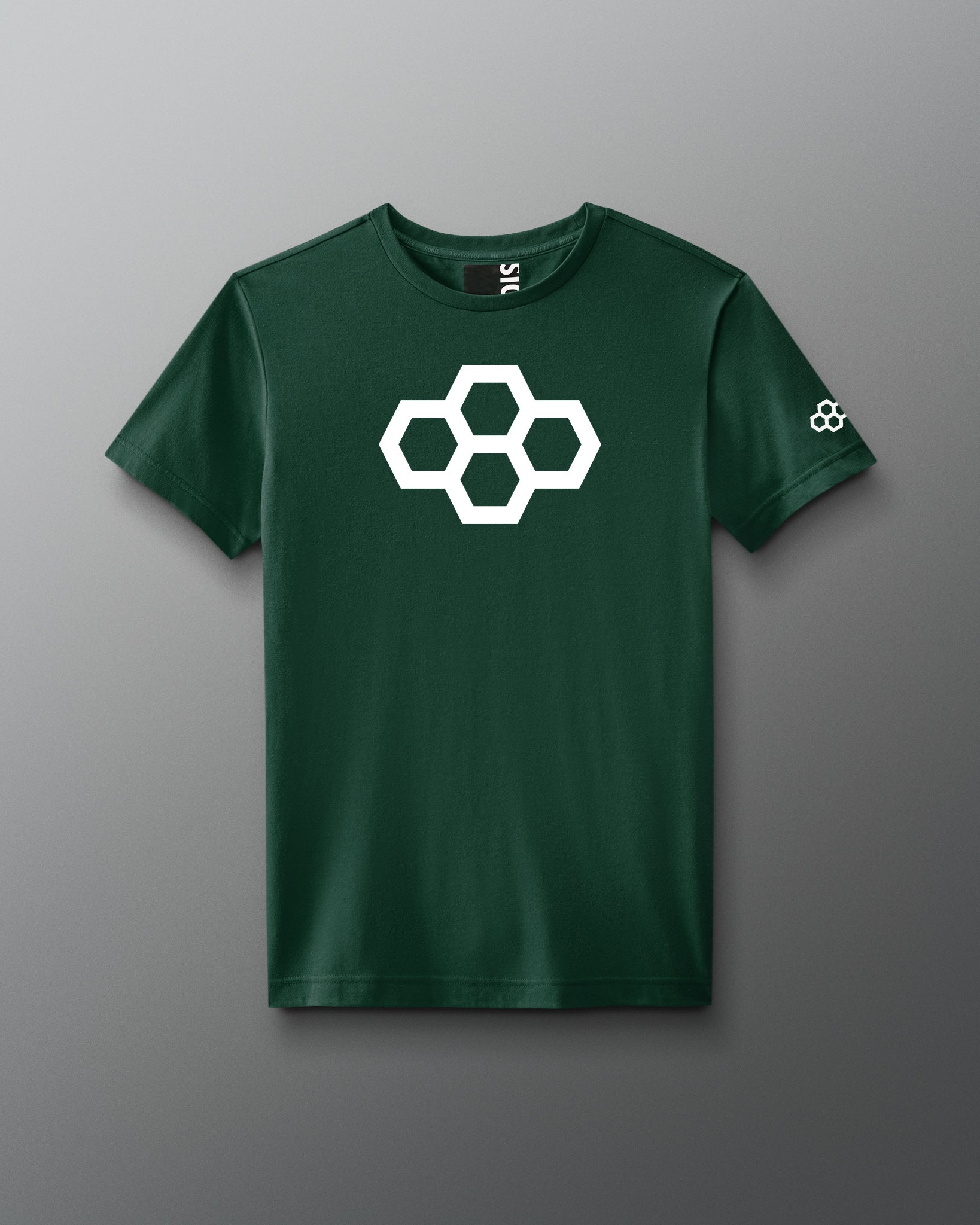 A gray t-shirt with a white quadhex graphic design on the front and a smaller hexagonal logo on the left sleeve.