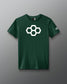 A gray t-shirt with a white quadhex graphic design on the front and a smaller hexagonal logo on the left sleeve.