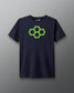 A gray t-shirt with a white quadhex graphic design on the front and a smaller hexagonal logo on the left sleeve.