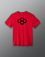 A red t-shirt with a black quadhex graphic design on the front and a smaller hexagonal logo on the left sleeve.