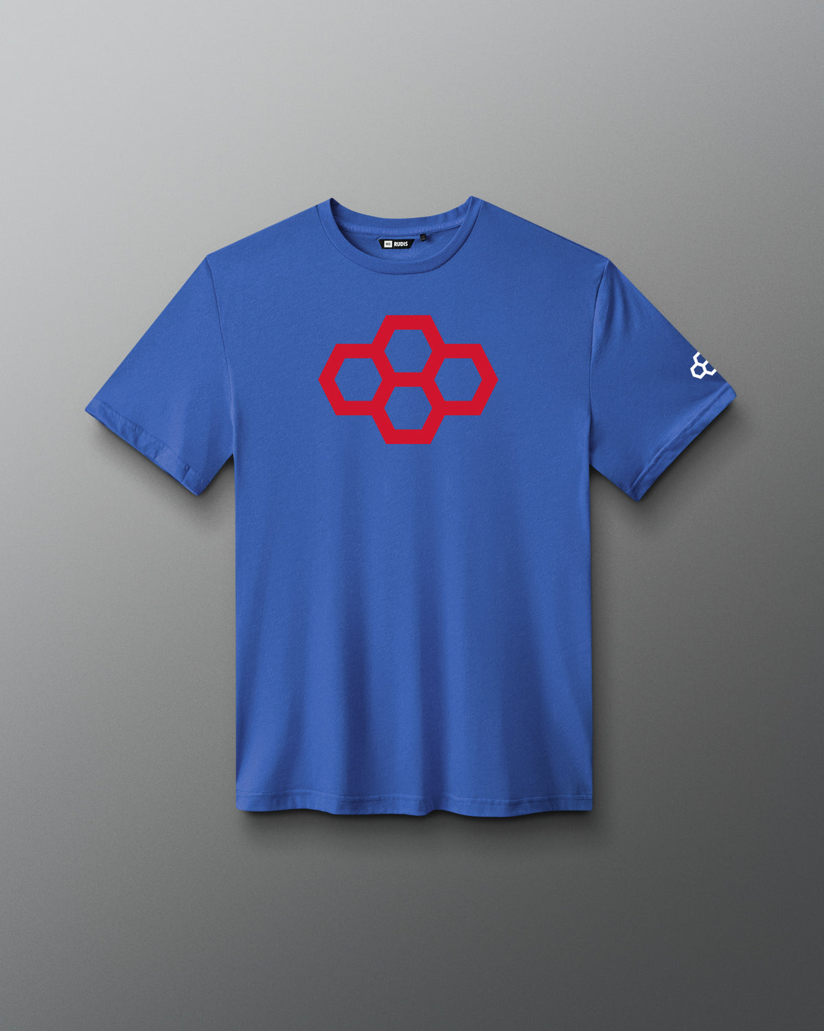 A gray t-shirt with a white quadhex graphic design on the front and a smaller hexagonal logo on the left sleeve.