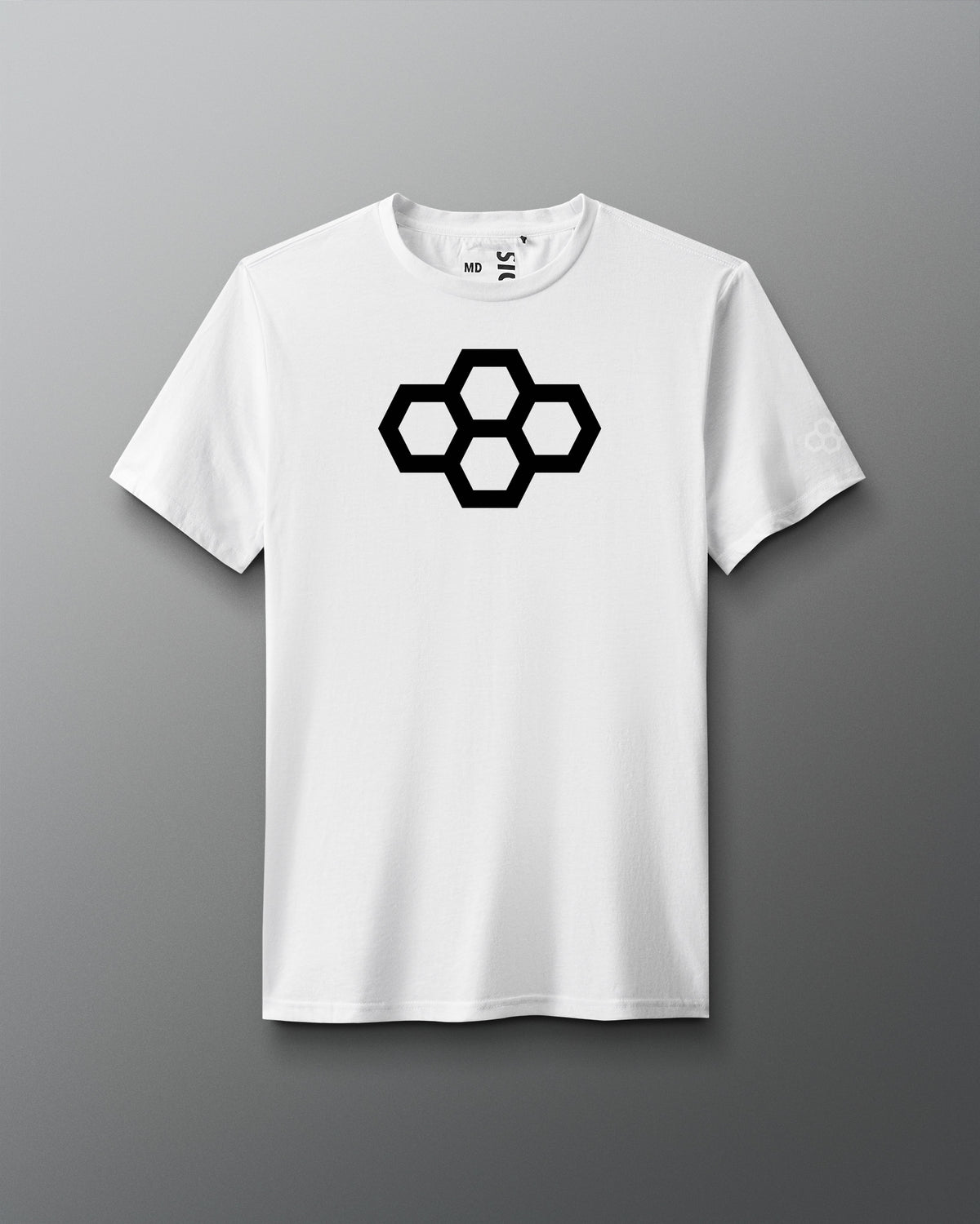A gray t-shirt with a white quadhex graphic design on the front and a smaller hexagonal logo on the left sleeve.