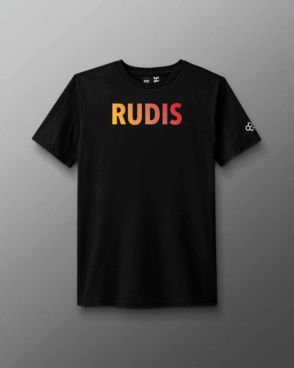Black t-shirt with 'RUDIS' printed on a gray background