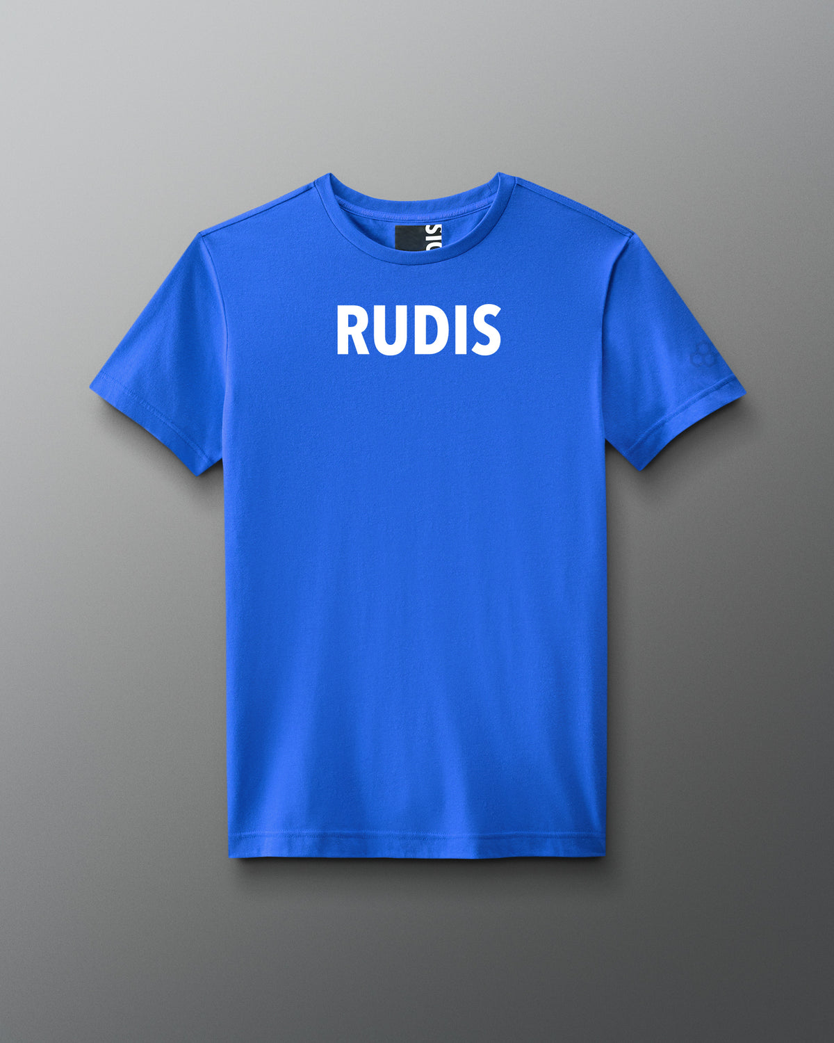 A gray RUDIS branded short-sleeved T-shirt displayed against a solid background.