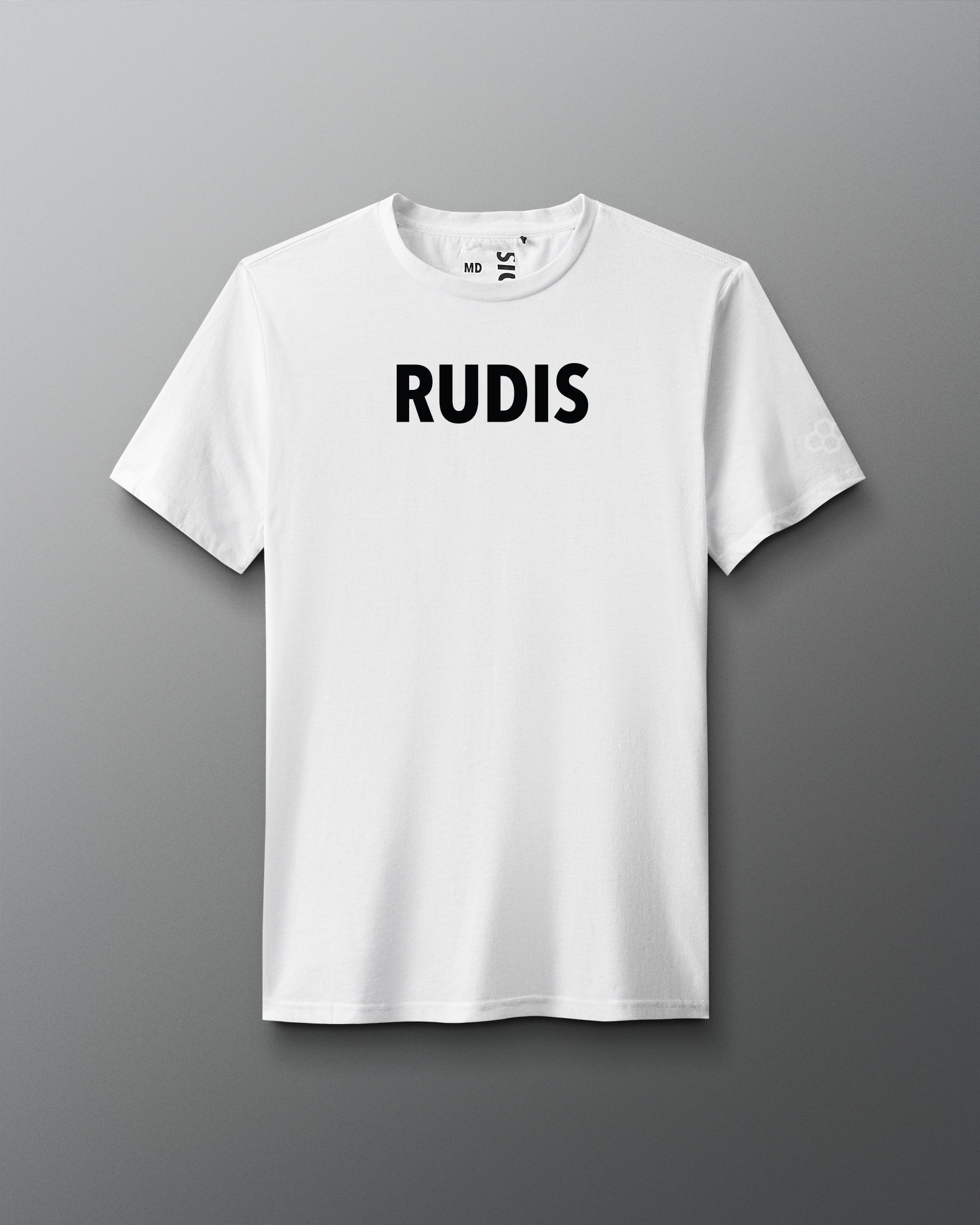 White t-shirt with 'RUDIS' printed on a gray background