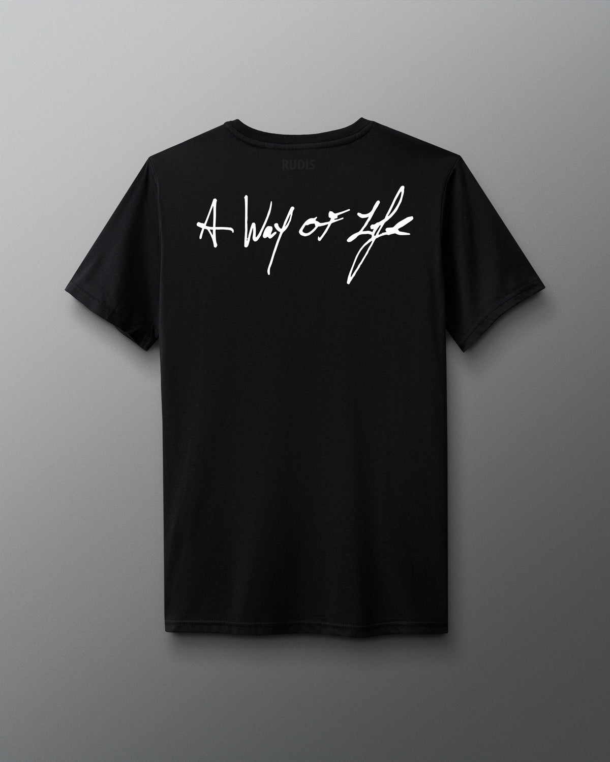Back view of a black T-shirt with the phrase ‘A Way of Life’ printed in large white handwritten-style script across the upper back.