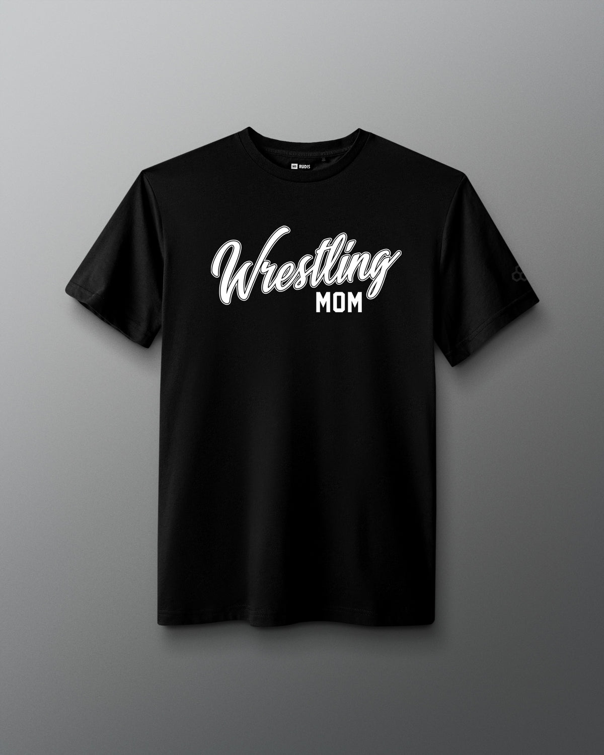 Front view of a black T-shirt with the words ‘Wrestling Mom’ printed in bold white script and block lettering across the chest.