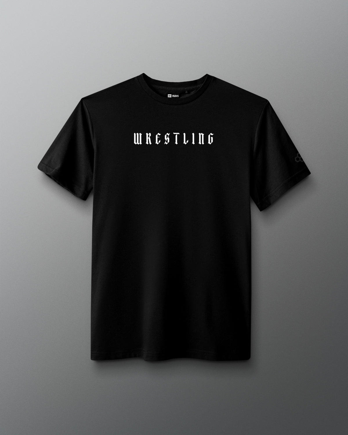 Front view of a black T-shirt with the word ‘Wrestling’ printed in bold white gothic-style font across the chest.