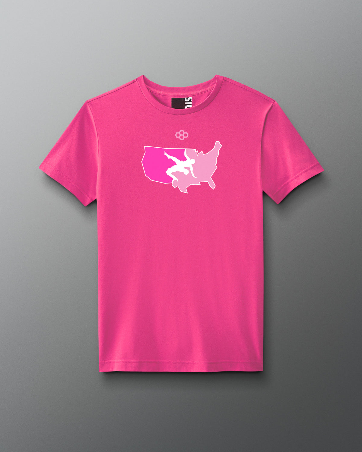 Pink t-shirt with a USA Wrestling graphic design on a gradient background