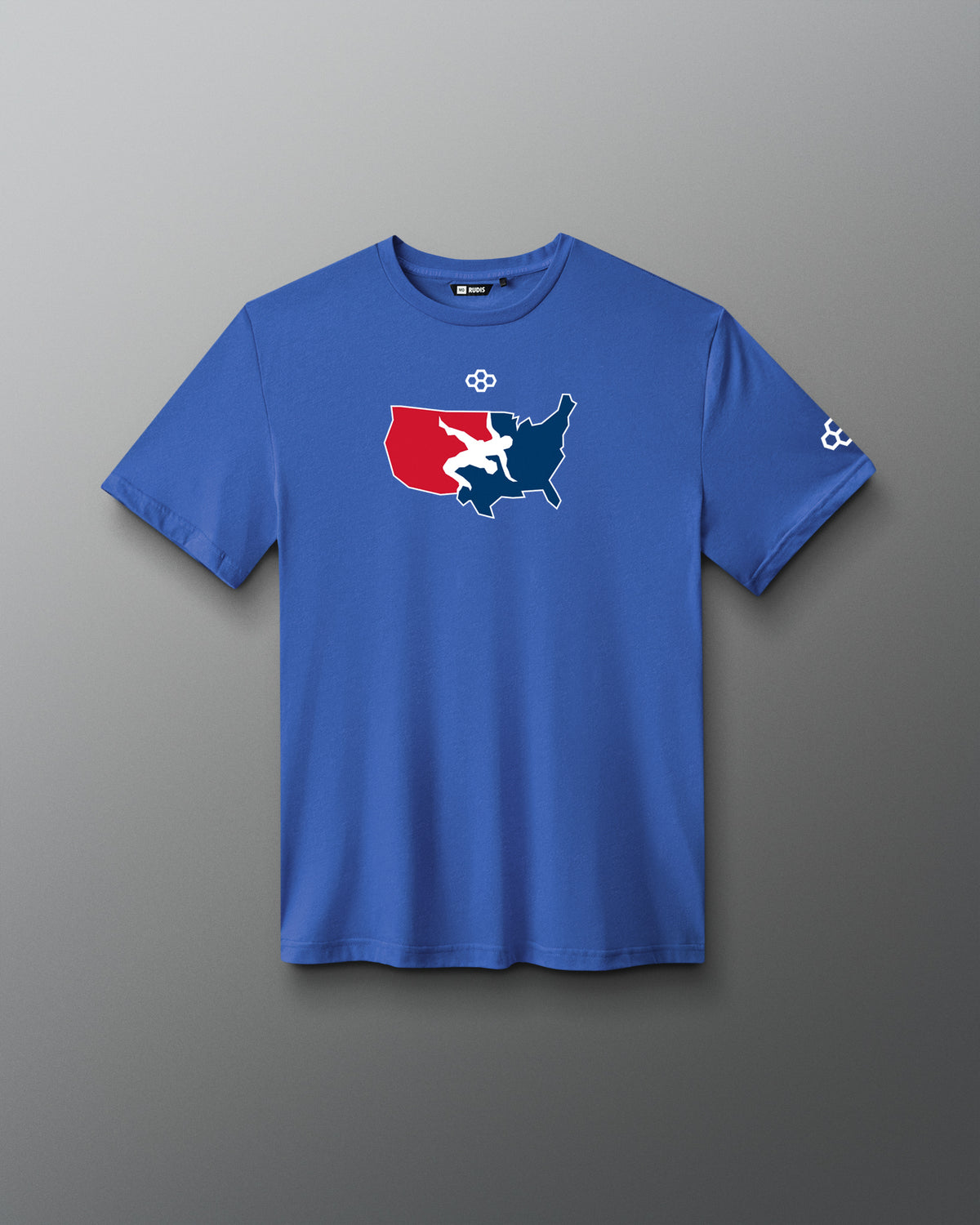 Blue t-shirt with a USA Wrestling graphic design on a gradient background