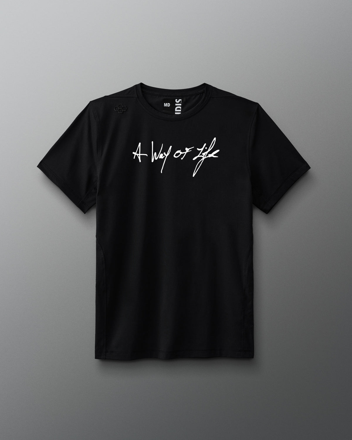 Black t-shirt with white text 'A way of life' on a gray background