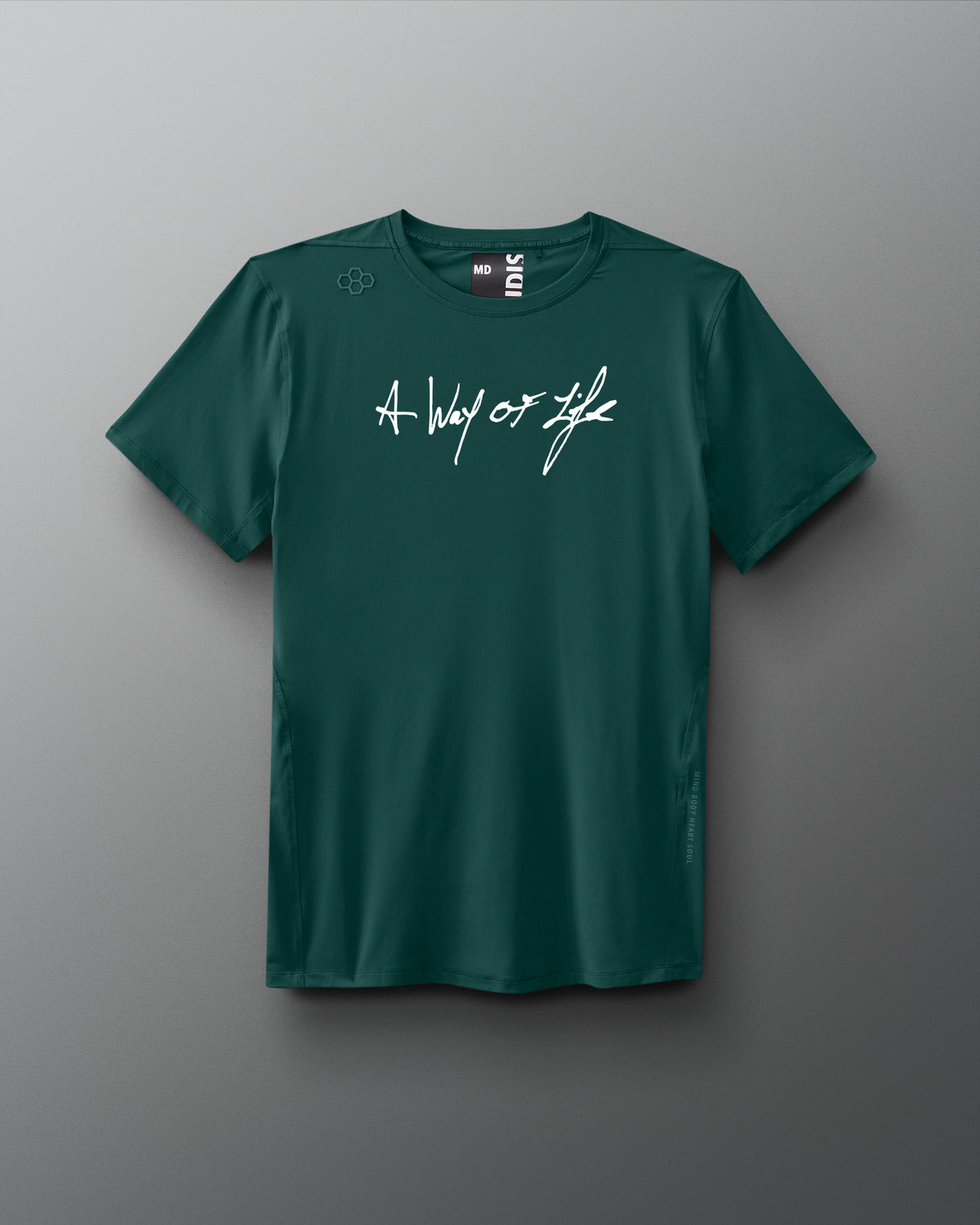 A green performance t-shirt with the text 'A Way of Life' written in a cursive script in white across the chest.