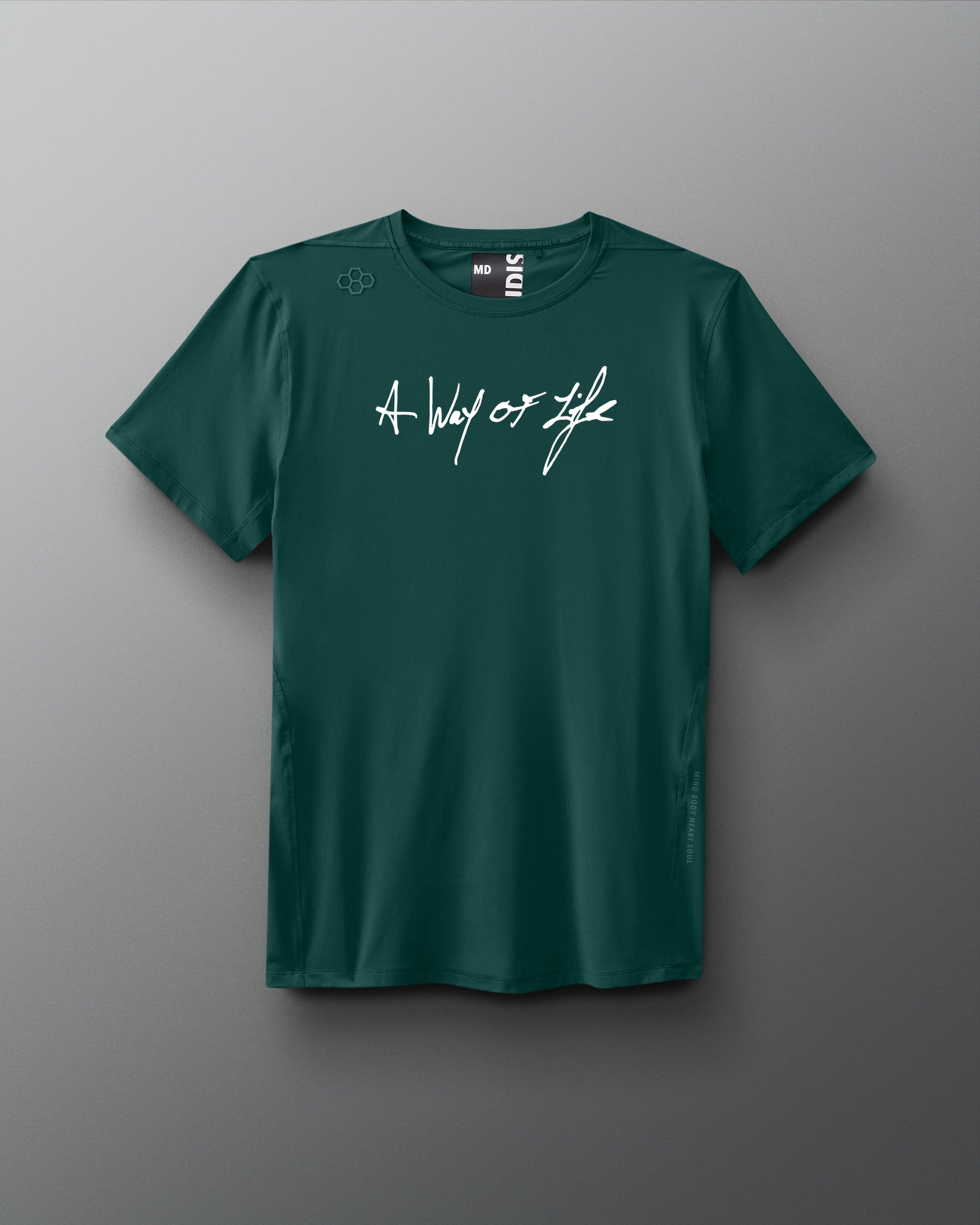 A green performance t-shirt with the text 'A Way of Life' written in a cursive script in white across the chest.