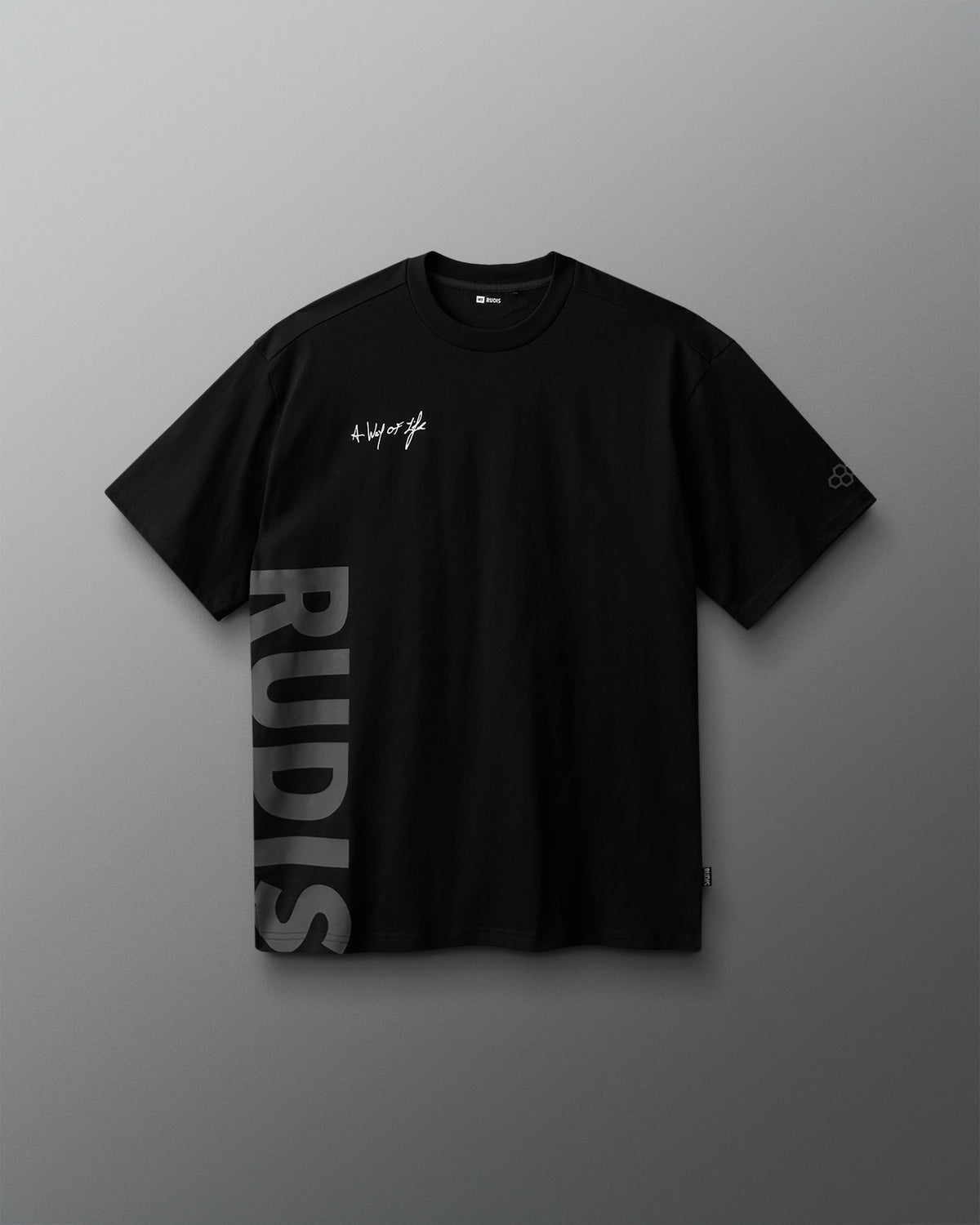 Black t-shirt with 'RUDIS' branding on a gray background