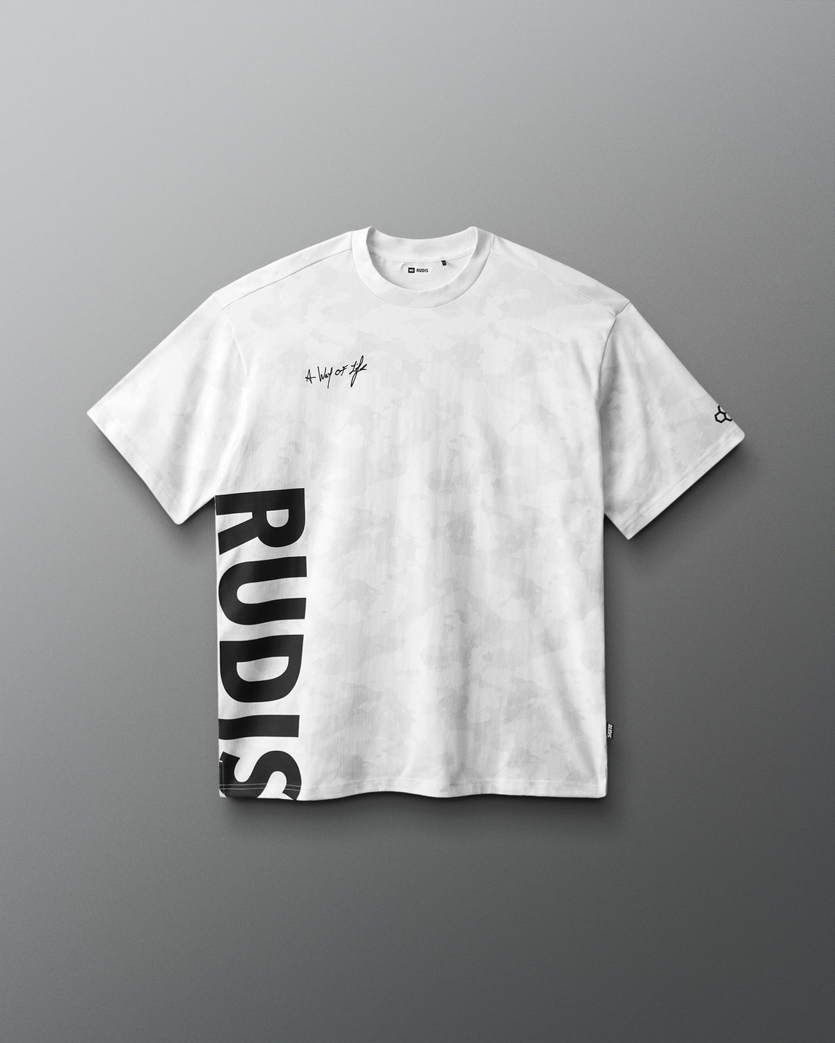 White t-shirt with black text on a gray background