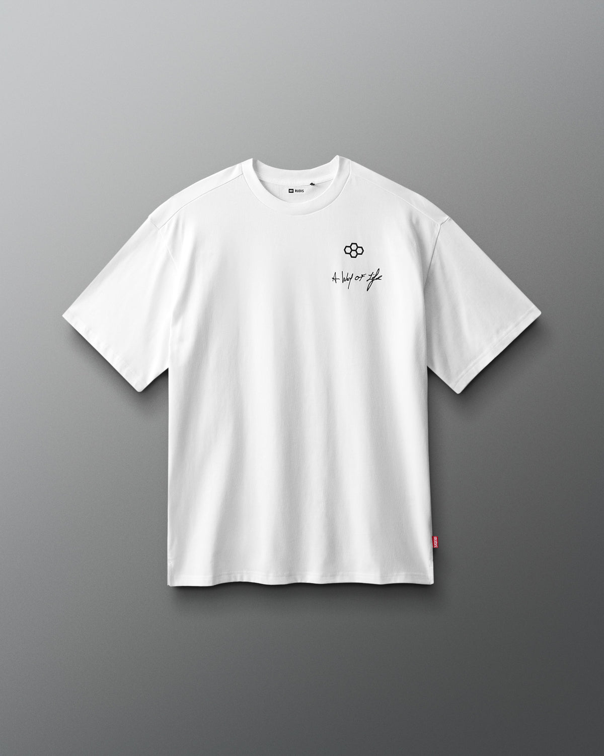 White t-shirt with a logo and text on a gray background