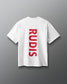 White t-shirt with red 'RUDIS' logo on a gray background