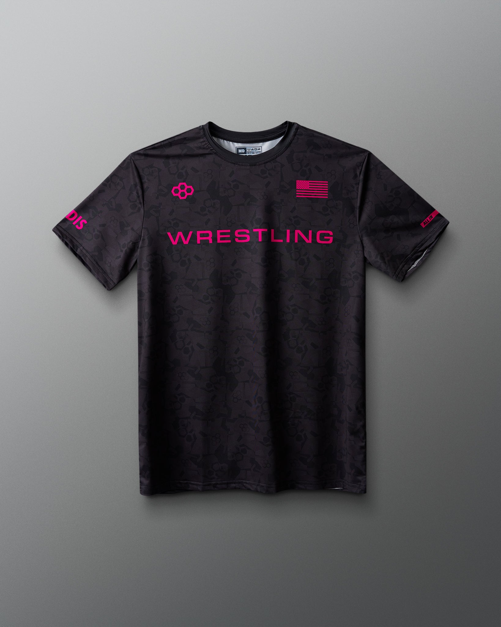 Black t-shirt with pink 'Wrestling' text on a gray background