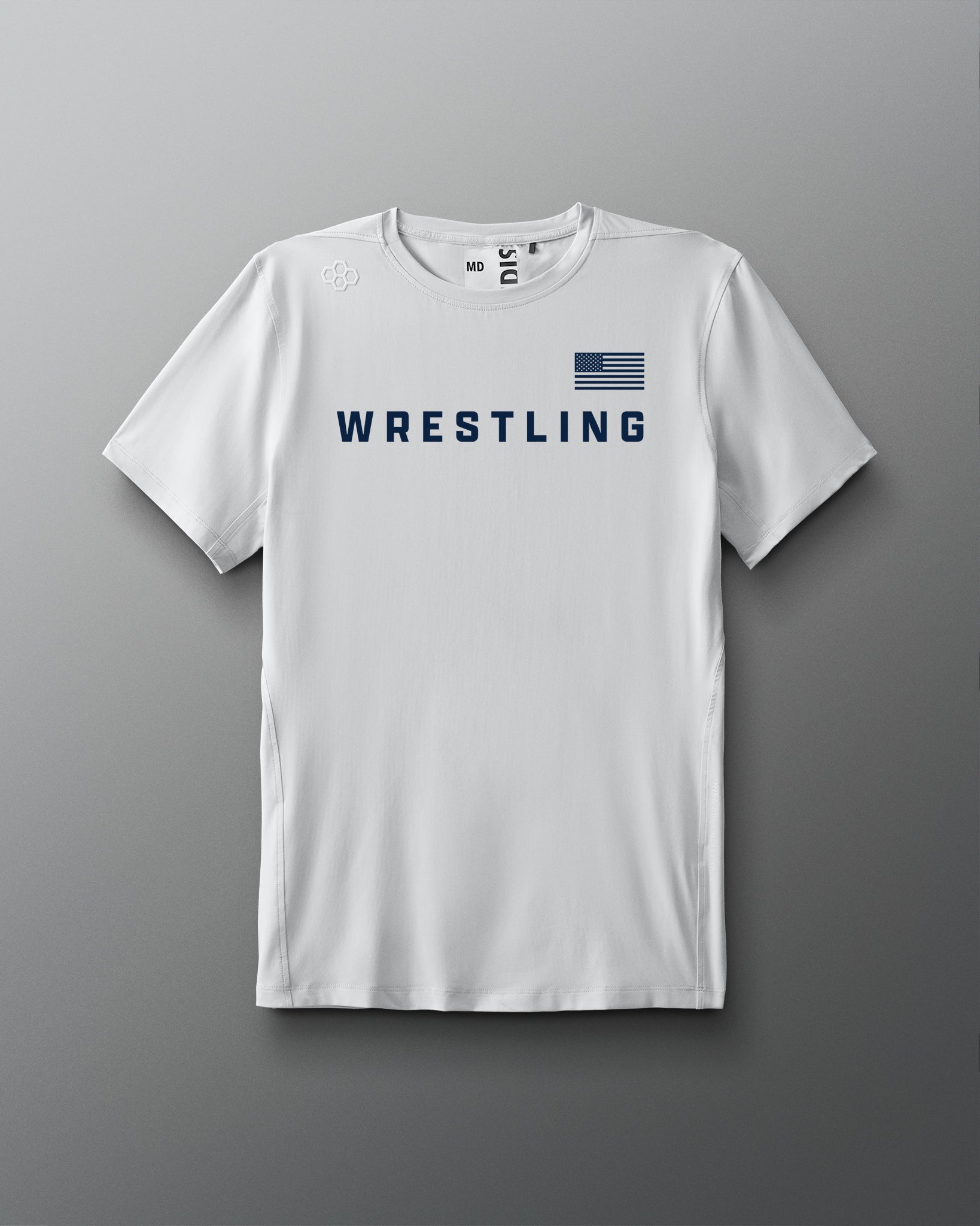 White t-shirt with 'Wrestling' text and American flag on a gray background