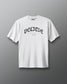 White t-shirt with 'BELIEVE' text on a gray background