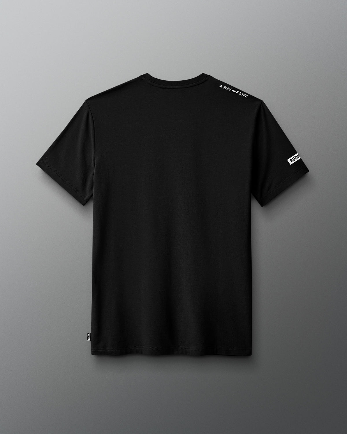 Black t-shirt with brand logo on a gray background