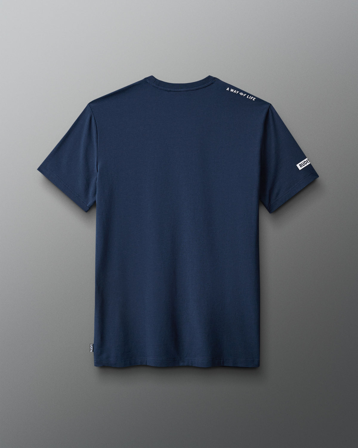 Navy blue t-shirt with a brand logo on the back against a gray background