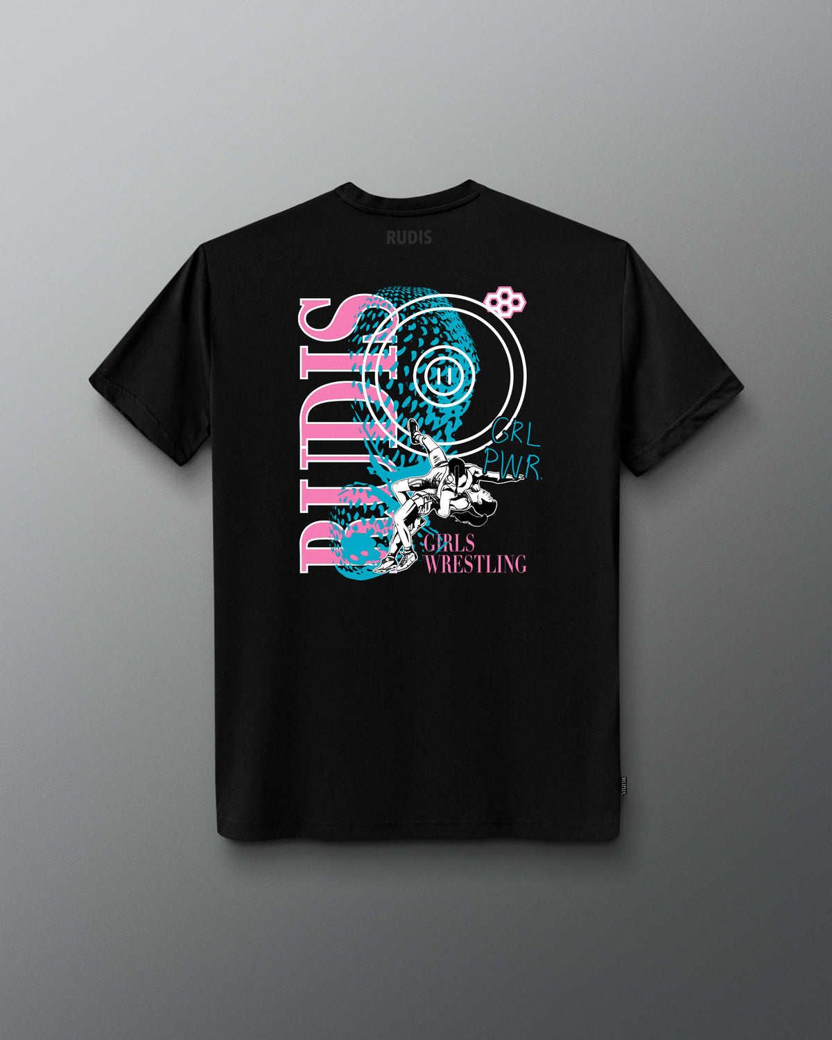 Black t-shirt with graphic design and text on a gray background