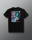 Black t-shirt with graphic design and text on a gray background