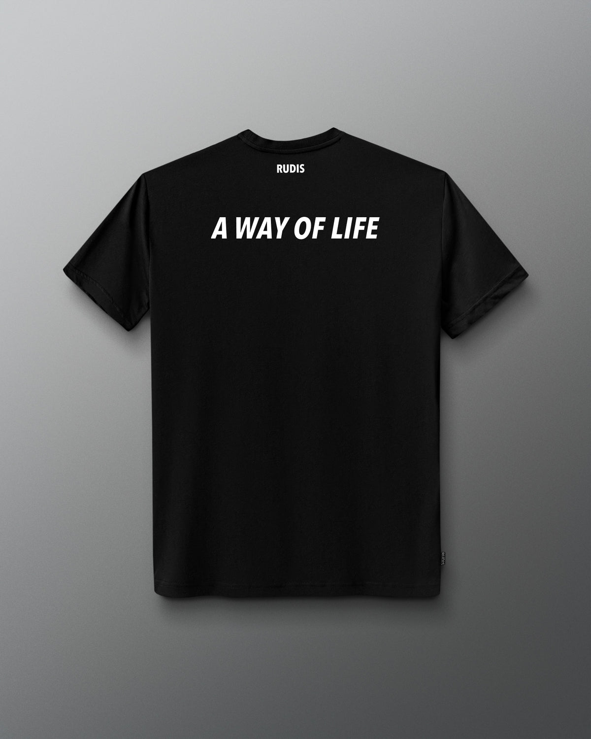 Black t-shirt with 'A Way of Life' text on a gray background