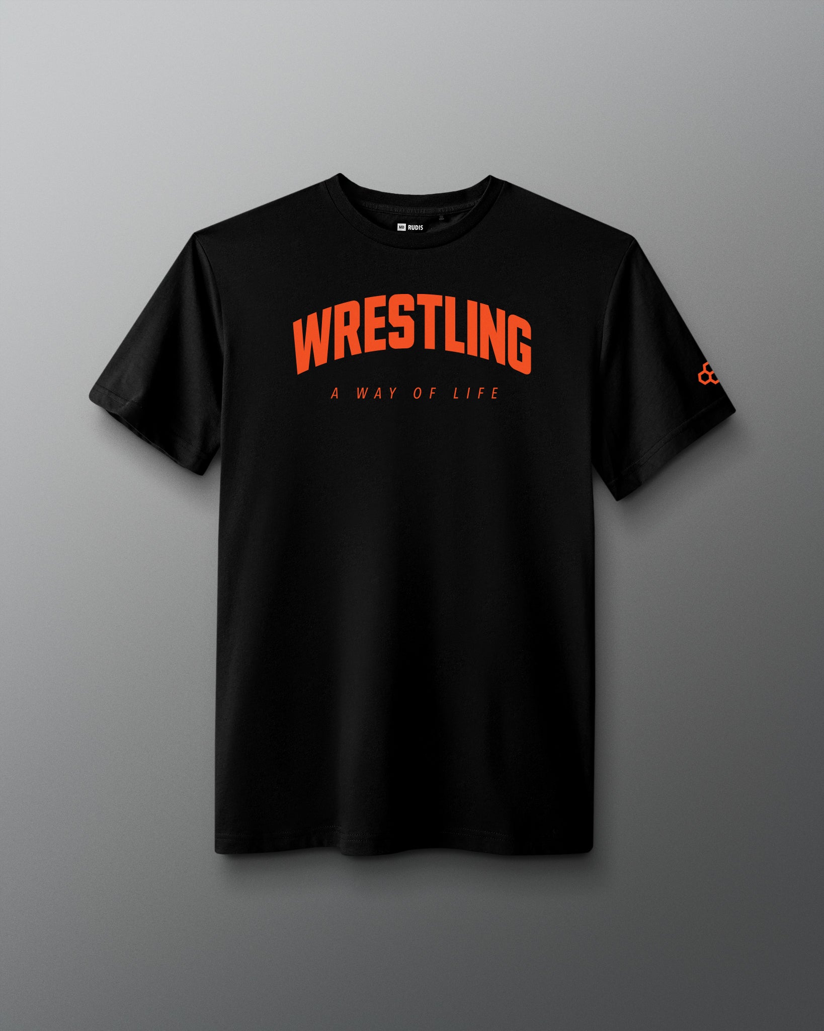 A black short-sleeve crewneck t-shirt with 'WRESTLING' printed in bold orange arched letters across the chest, and 'A WAY OF LIFE' in smaller orange text underneath. A small orange logo is visible on the left sleeve.