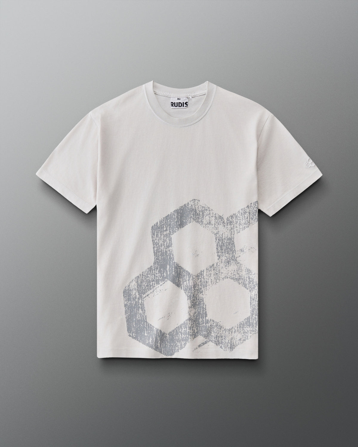 RUDIS Tilted Hex Classic Cotton T-Shirt in Washed Lunar, front view featuring a distressed gray hexagon graphic on an off-white crewneck tee.