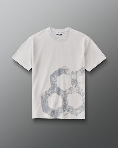 RUDIS Tilted Hex Classic Cotton T-Shirt in Washed Lunar, front view featuring a distressed gray hexagon graphic on an off-white crewneck tee.