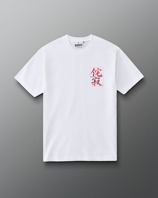 Front view of the RUDIS Samurai Wabi-Sabi Classic Cotton T-Shirt in white, featuring a red and black Japanese calligraphy graphic on the left chest.