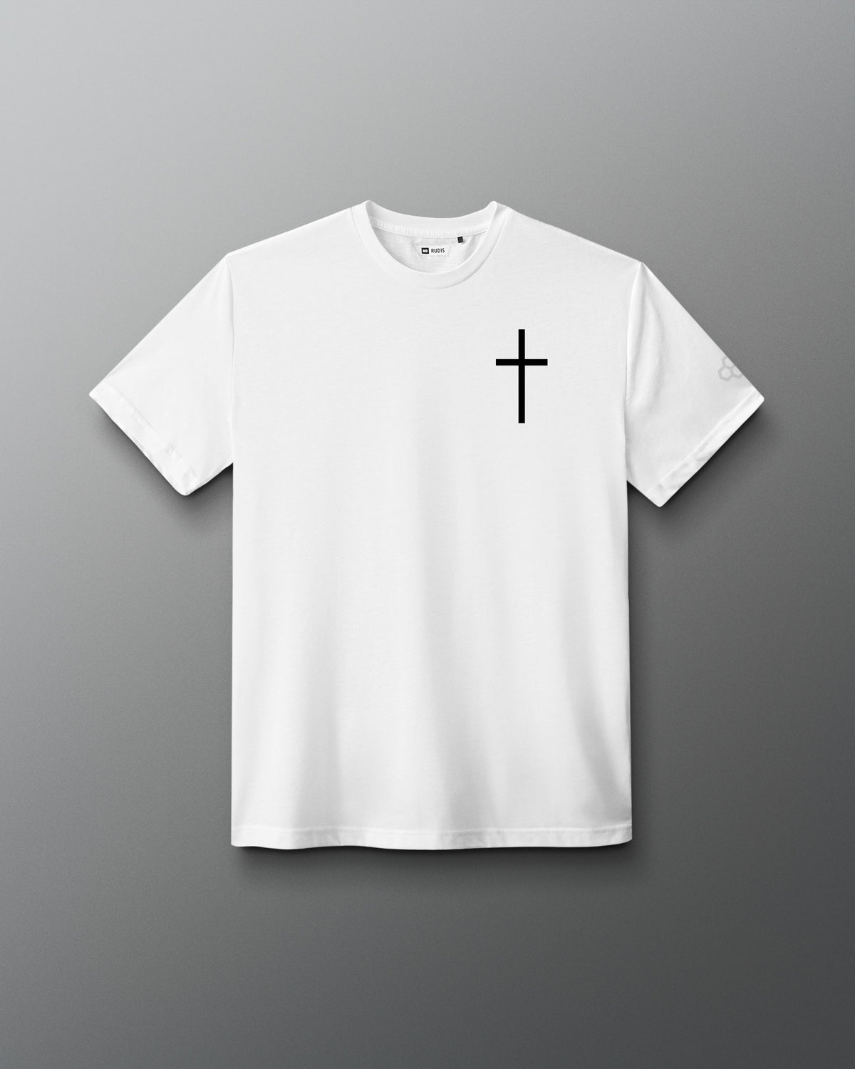 White RUDIS Cross Elite Super Soft T-Shirt featuring a black cross chest graphic and subtle RUDIS sleeve branding.